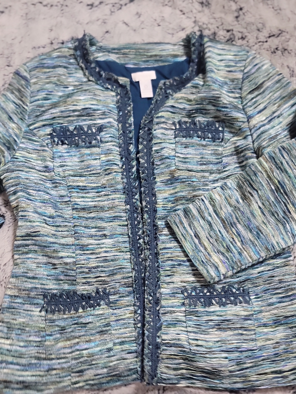 Chico's Braided Trim Tweed Open Front Jacket Blue Green 1C208771 Size 0 (S)